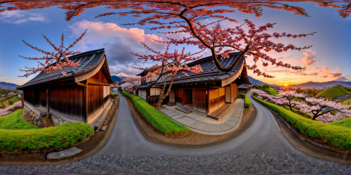 "360-degree panoramic skybox of a photorealistic, emotionally atmospheric Japanese countryside in sp