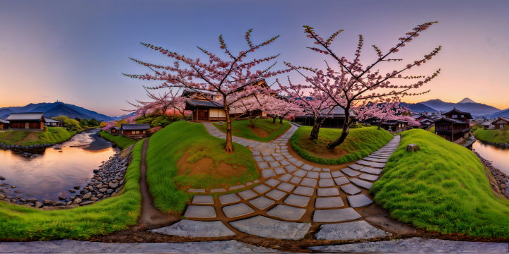 "360-degree panoramic skybox of a photorealistic, emotionally atmospheric Japanese countryside in sp